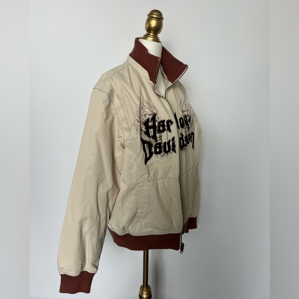 Harley Davidson Beige Bomber Jacket with Brown and Black Embroidery Accents